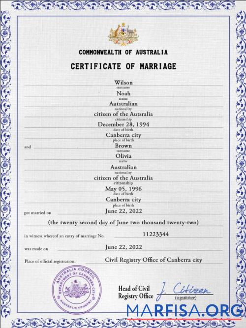 Downloadable Australia marriage certificate PSD template